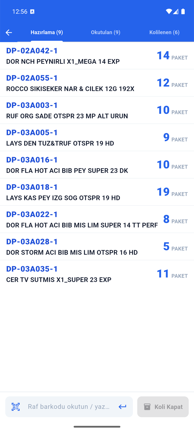 Depo mobil uygulamasında sipariş toplama ekranı