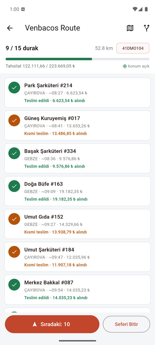 Şoför uygulamasında günün seferi ve durak listesi